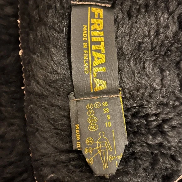 Fritala brown suede shearling coat with black trim, made in Finland - Picture 5 of 10